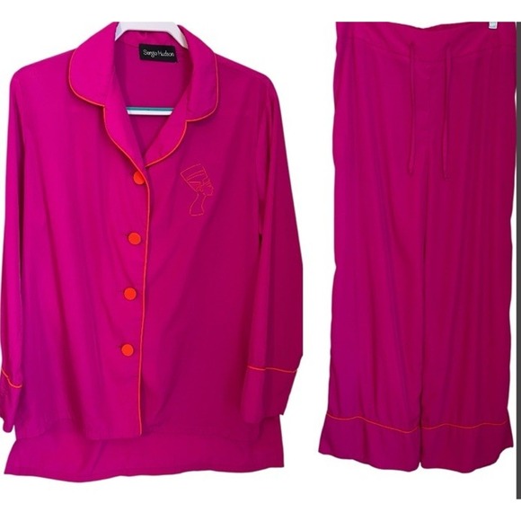 Sergio Hudson Collection Size L Magenta Silk Trim Pajama Lounge Set‎ Dopamine - Picture 1 of 16